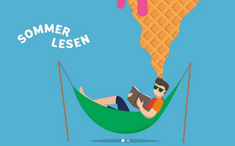 Flyer Sommerlesen - Grafik mit schmelzenden Eiskugeln in einem Stanitzel, darunter liegt eine Figur in einer Hängematte und liest ein Buch